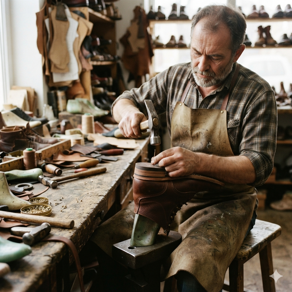 Shoemaker hammering a nail into a leather shoe